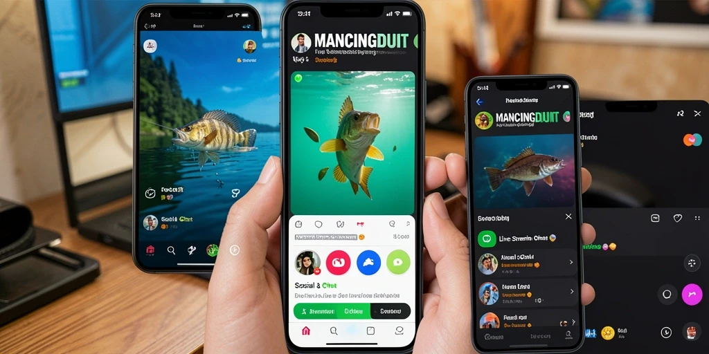 Antarmuka aplikasi MANCINGDUIT menunjukkan fitur Live Streaming yang interaktif dan menarik.