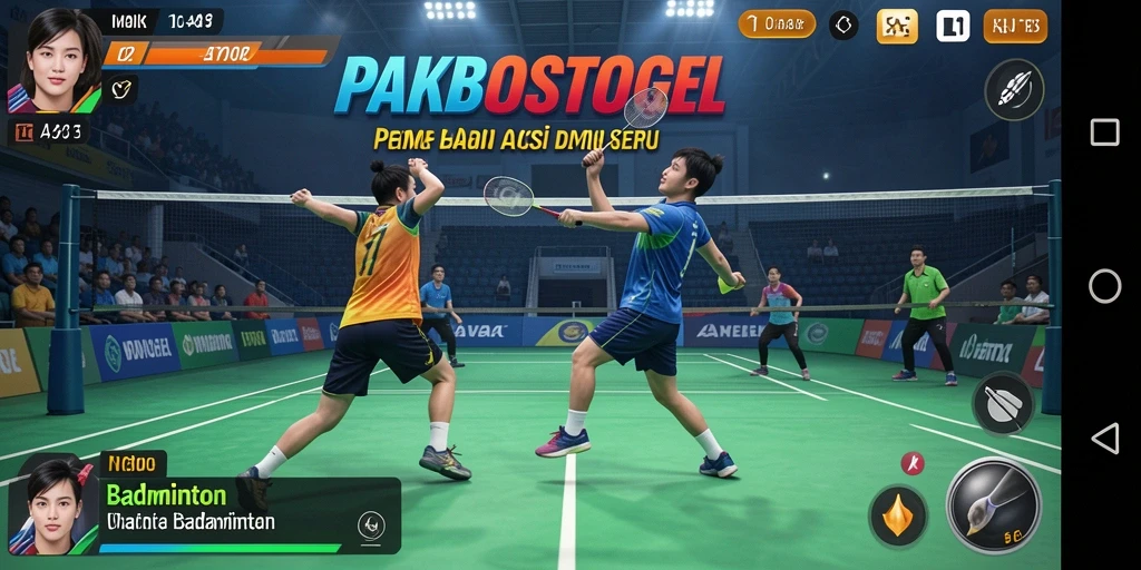 Tampilan antarmuka PAKBOSTOGEL dengan grafis badminton yang menarik.